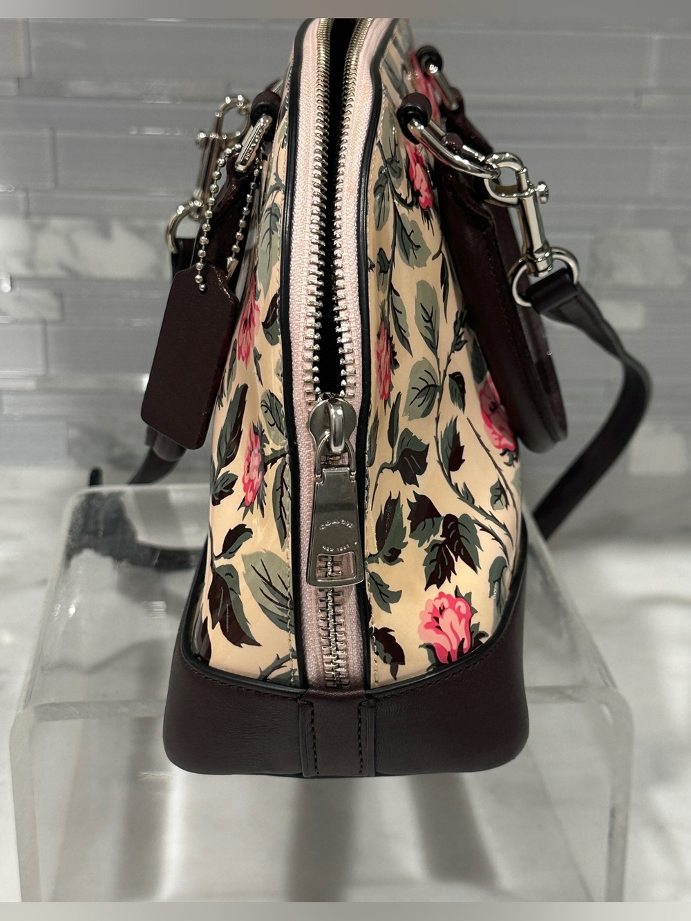 Coach Cream Floral Dome Satchel with Pink Roses and Brown Trim Patent & Leather - Picture 10 of 16